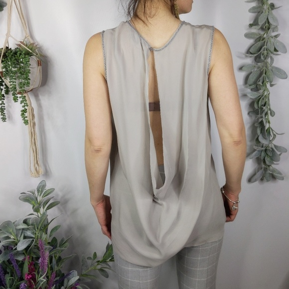 Vince Tops - VINCE grey silk drape back beaded neck blouse 0191